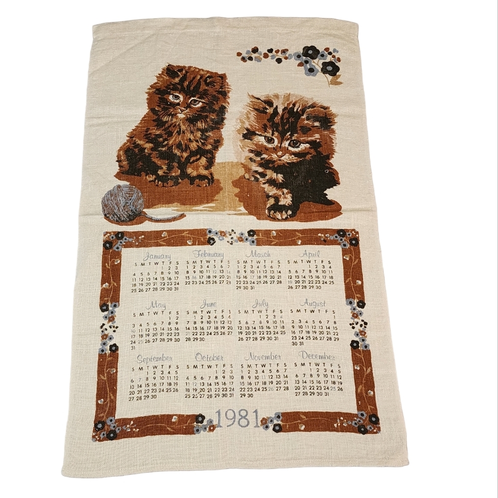 Vintage Kitten Calendar Tea Towel 1981 Pre Owned Condition